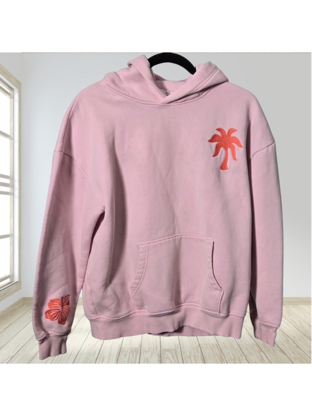 Pink Palm Puff Everything Comes in Waves Hoodie M Pink Embroidered Surf Floral